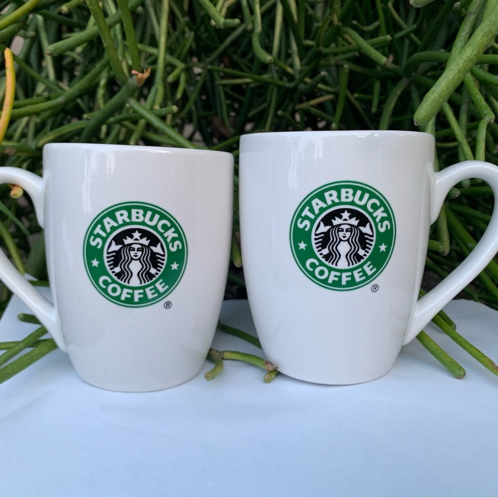 2 Starbucks Cup MUG 2008 Coffee Mermaid Siren Logo White Green 10.2 fl.oz.